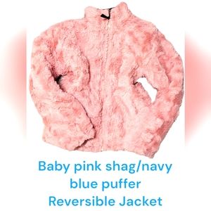 GIRLS YOUTH REVERSIBLE BABY PINK SHAG/ NAVY PUFFER SZ SMALL